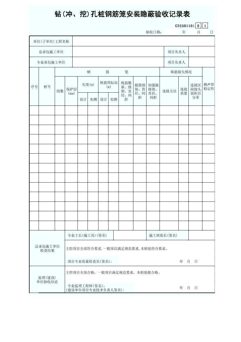 钻(冲、挖)孔桩钢筋笼安装隐蔽验收记录表GD2301101.xls